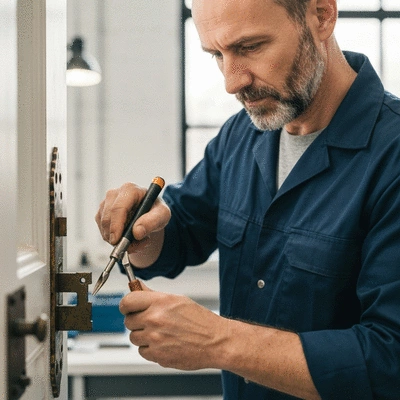 Professional locksmith working on an old, ornate door lock, using specialized tools with focus on his hands and the lock, clean and well-lit workshop background, no text, no words, no typography, clean image