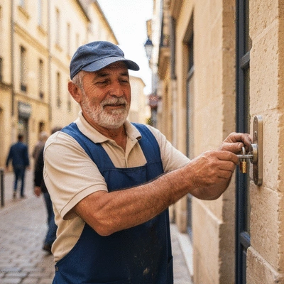 Serrurier métallier installant une serrure de sécurité sur une porte d'entreprise