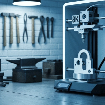 3D printer creating a complex metal lock component, with traditional locksmith tools in the background, no text, no words, no typography, 8K