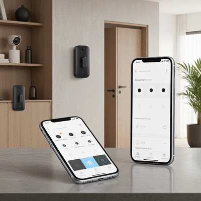 Système de sécurité domestique intelligent avec un smartphone affichant une application de contrôle