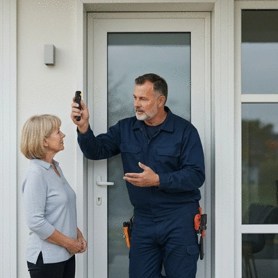 Serrurier professionnel discutant avec un propriétaire devant une porte d'entrée sécurisée, mettant en avant la sécurité résidentielle, no text, no words, no typography, 8K