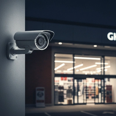 Modern security camera watching over a store entrance at night