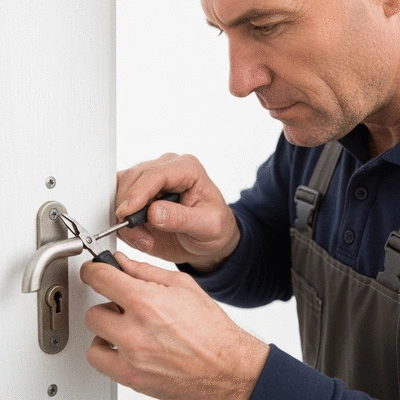 Professional locksmith inspecting a door lock for security, no text, no words, no typography, 8K
