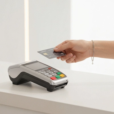 Main tenant une carte de crédit devant un terminal de paiement