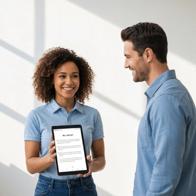 Serrurier présentant un devis détaillé à un client souriant