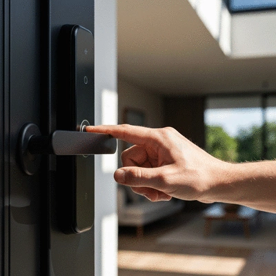 Person's finger scanning on a biometric door lock