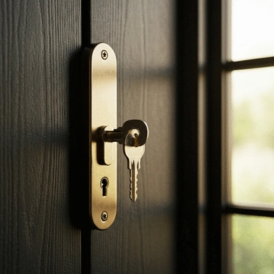 Gros plan sur une serrure de haute sécurité installée sur une porte en bois, avec une clé insérée