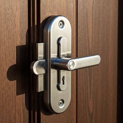 Gros plan d'une serrure multipoints installée sur une porte en bois, lumière naturelle, sécurité renforcée