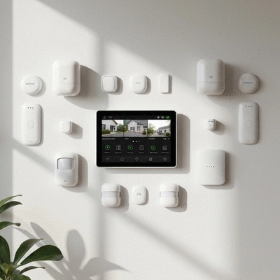 Modern home security system with sensors and control panel