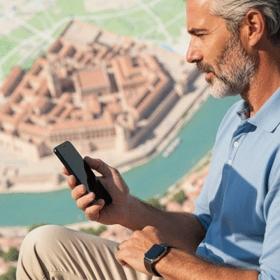 Personne utilisant son téléphone pour appeler un serrurier, avec une carte d'Avignon en arrière-plan flou