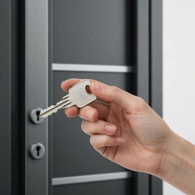 Main tenant une clé de serrure de haute sécurité, gros plan, ambiance sécurisée