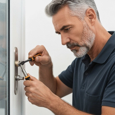 Serrurier travaillant sur une serrure de porte avec des outils, gros plan, scène professionnelle