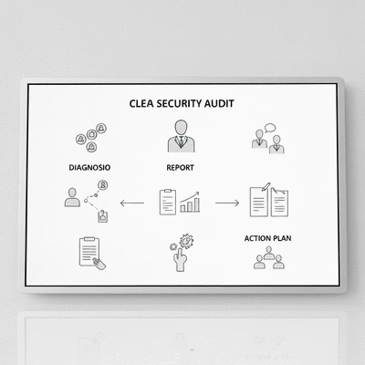 Tableau illustrant les étapes clés d'une méthodologie d'audit de sécurité, avec des icônes représentant le diagnostic, le rapport et le plan d'action