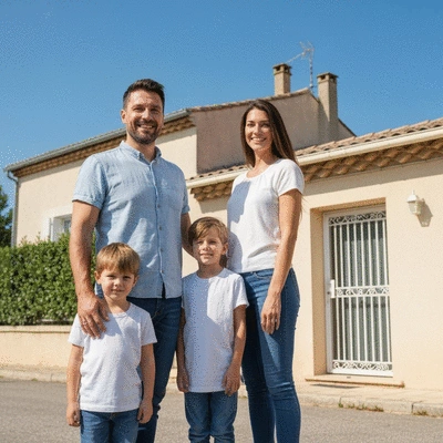Famille souriante devant une maison sécurisée après l'intervention d'un serrurier, symbolisant la tranquillité d'esprit à Avignon, no text, no words, no typography, clean image